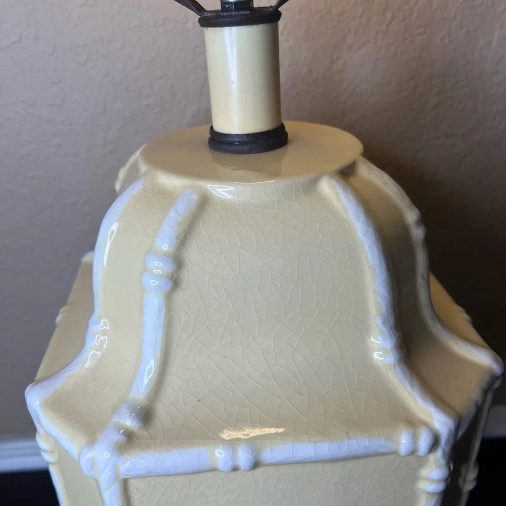 1970s Yellow Ceramic Tea Caddy Lamp | Faux Bamboo Chinoiserie